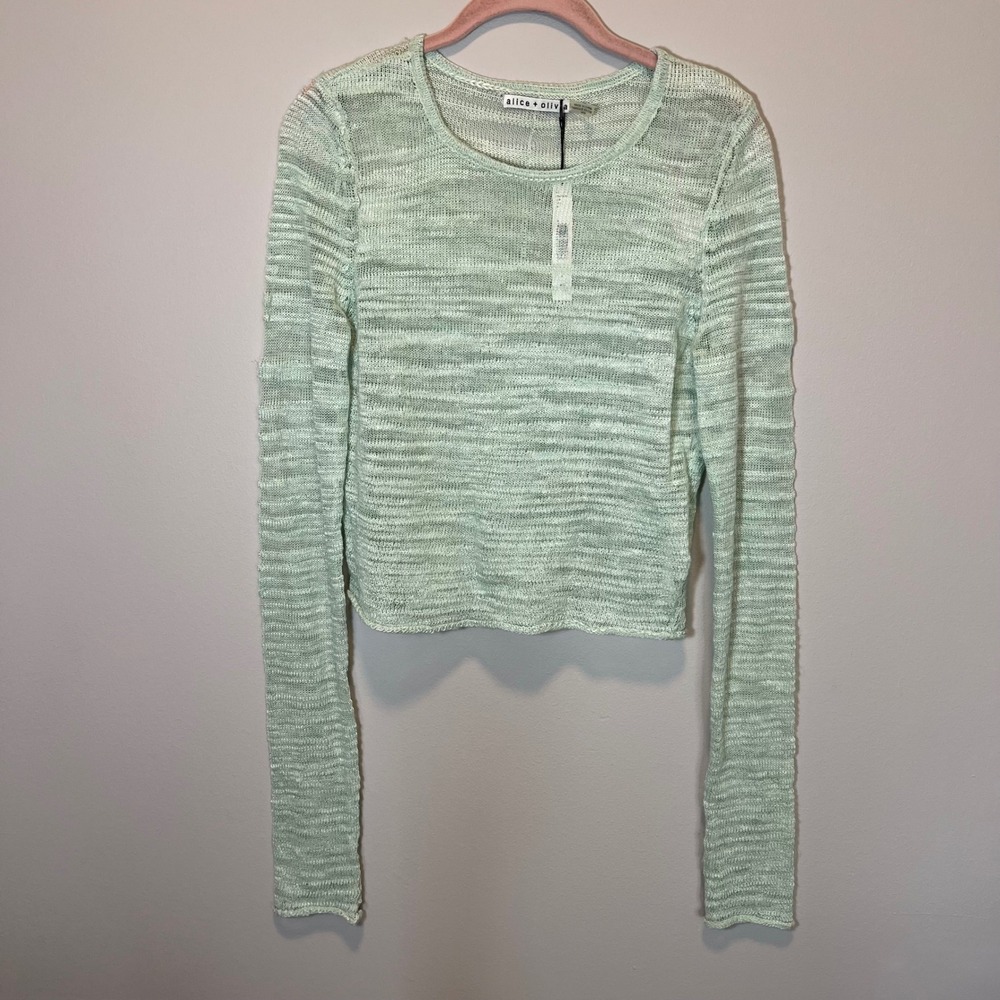Alice + Olivia Aqua Green Linen Blend Sheer Knit Long Sleeve Top Medium NWT